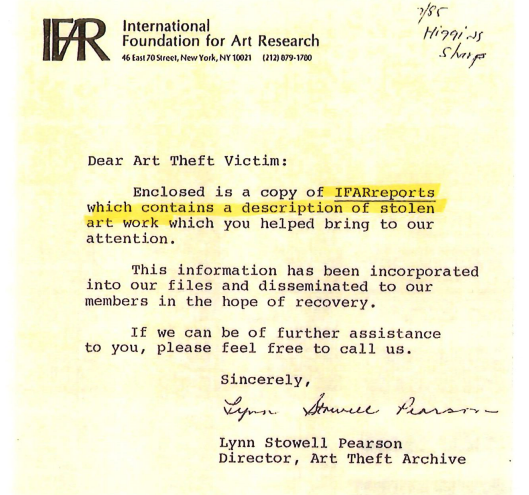 Photocopy of listing at International Foundation for Art Research